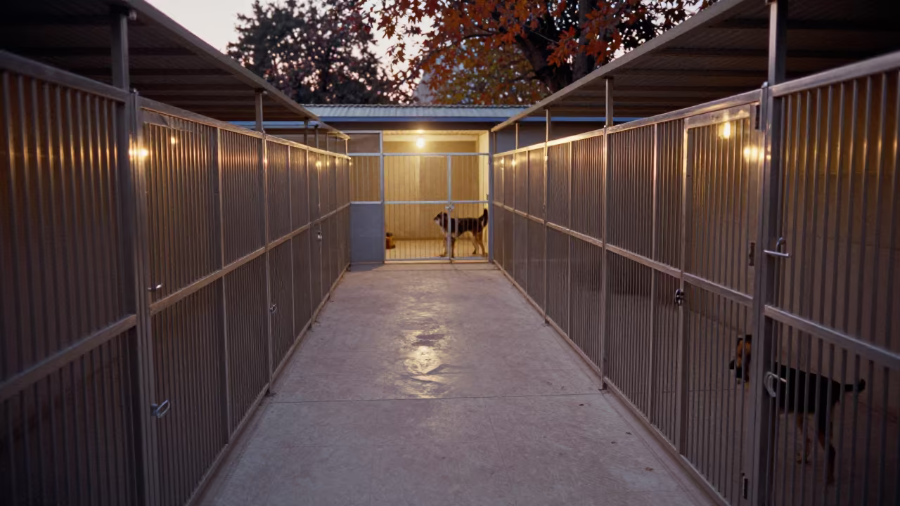 Predawn Dog Boarding Corridor Warm Candlelight in in a boarding kennel corridor near Gujranwala