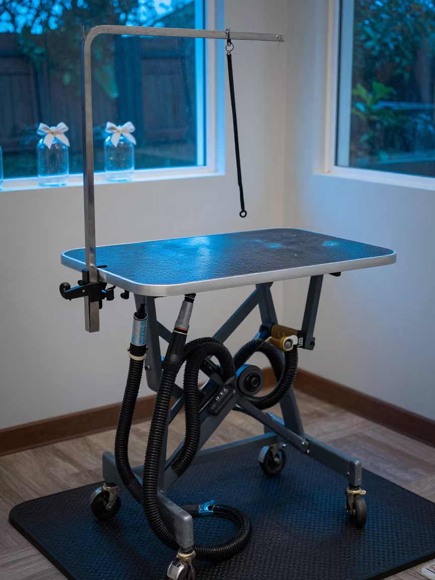 Predawn Dog Grooming Station Neon Reflections in inside an adoption room in Daura