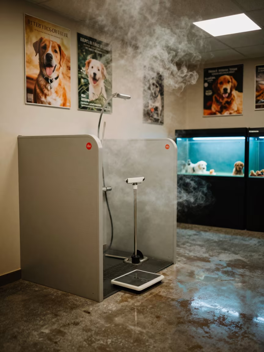 Predawn Dog Wash with Falling Smoke in Faiyum in at a self-serve dog wash station in Faiyum
