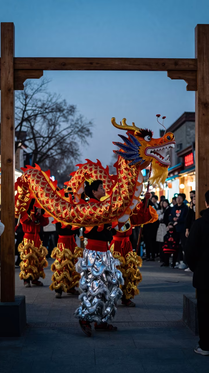 Predawn Dragon Dance at Beijing Night Market in at a night market near Beijing