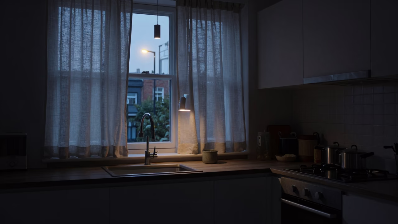 Predawn Dublin Kitchen Interior with Linen Curtains and Glass Carafe in in Dublin, Ireland
