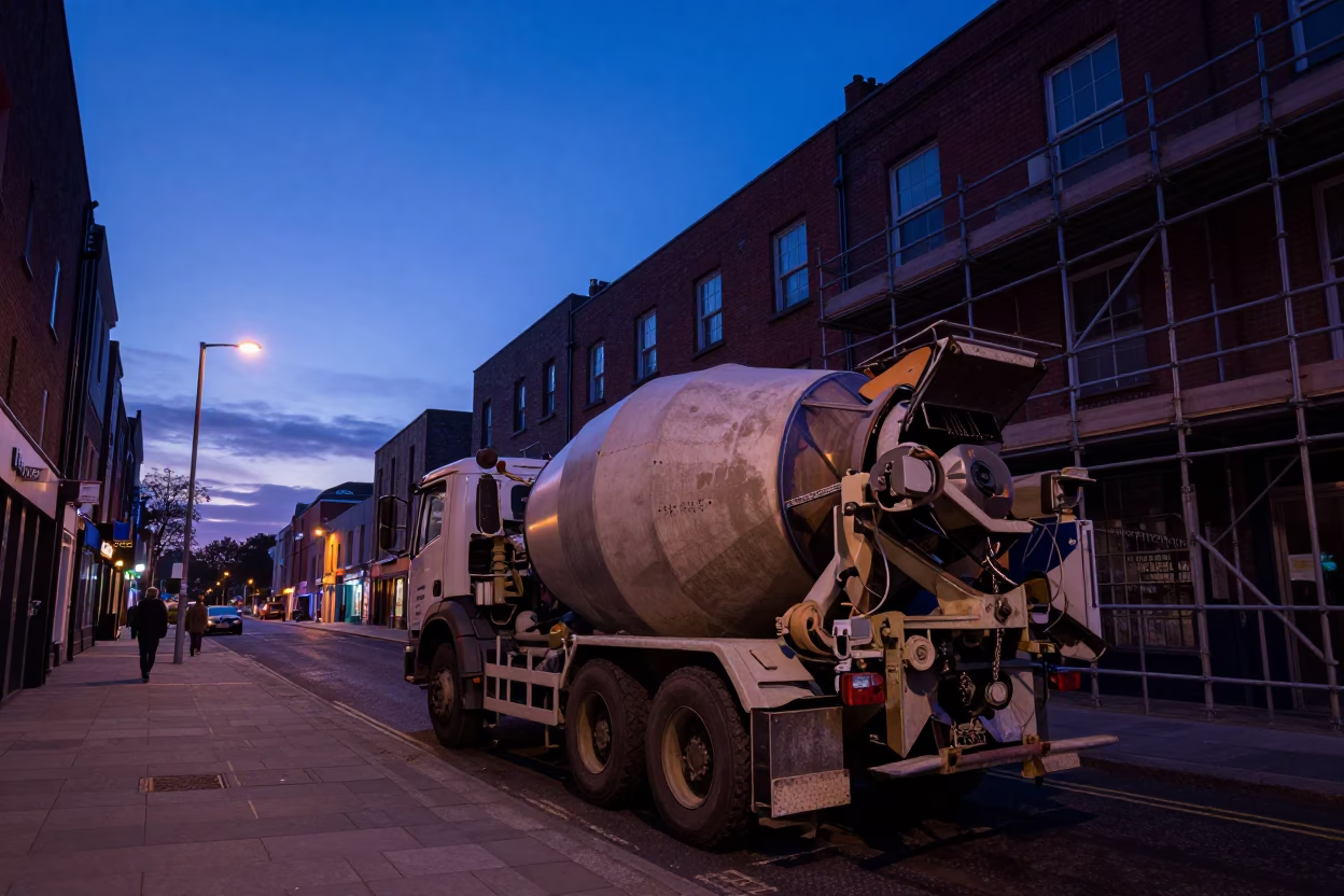 Predawn Dublin Street Scene Cement Mixer and Latch on Georgian Townhouse in in Dublin, Ireland