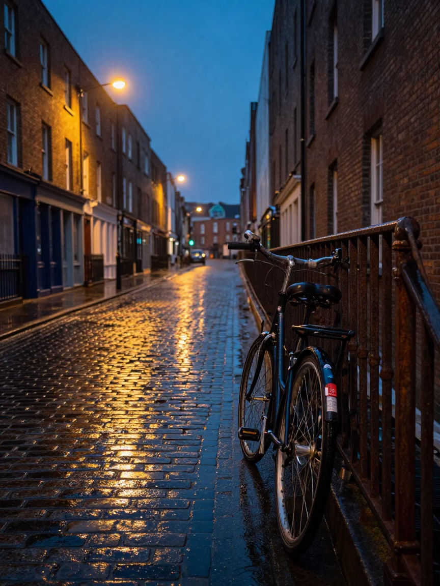 Predawn Dublin Street Scene with Bicycle and Stair Rail in Rain in in Dublin, Ireland