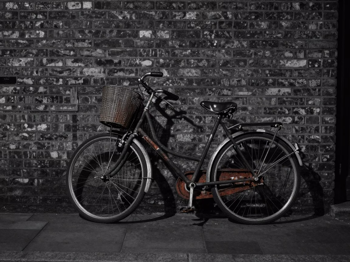 Predawn Dublin Street Scene with Bicycle Basket and Rusty Runner on Cobblestones in in Dublin, Ireland