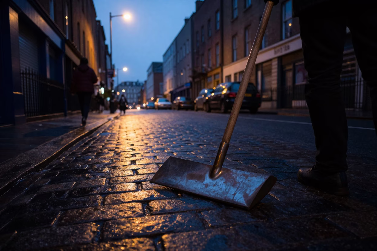Predawn Dublin Street Scene with Boot Scraper and Steel Cabinet Detail in in Dublin, Ireland