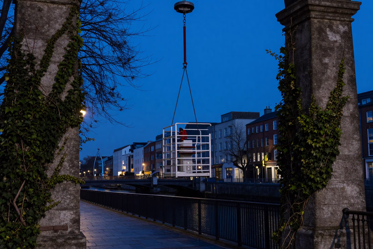 Predawn Dublin Street Scene with Bridge Maintenance Cage and Ivy Vines in in Dublin, Ireland