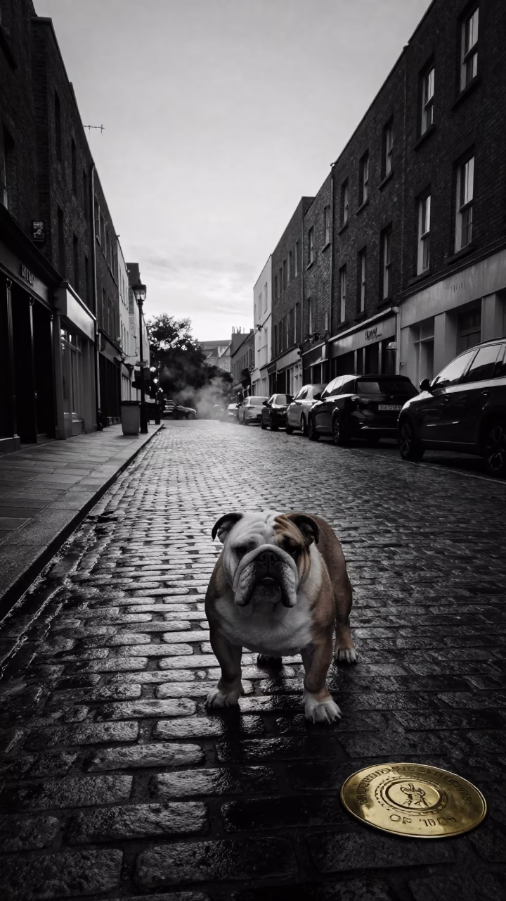 Predawn Dublin Street Scene with Bulldog and Brass Plate of Samosas in in Dublin, Ireland