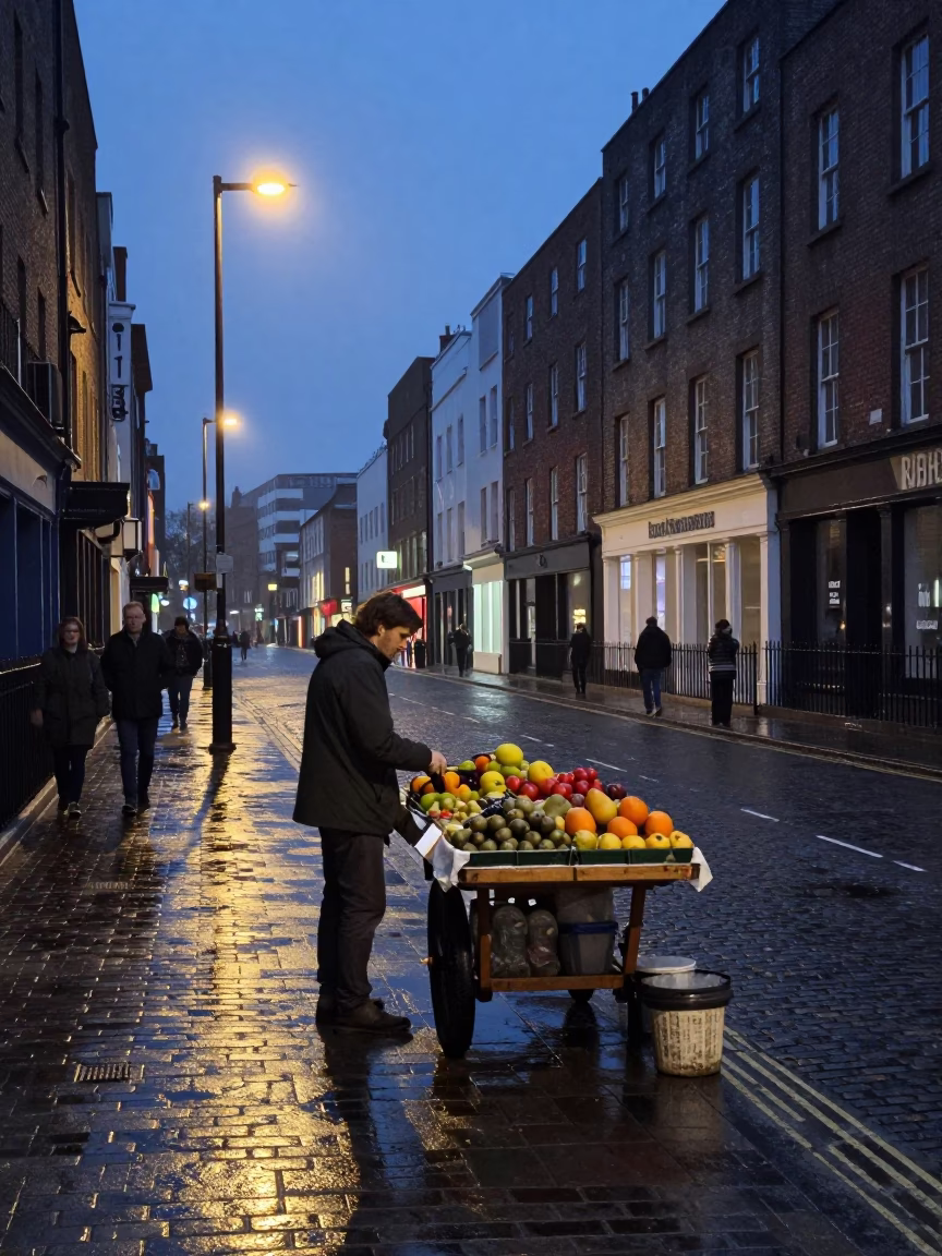 Predawn Dublin Street Scene with Fruit Vendor and Urban Architecture in in Dublin, Ireland