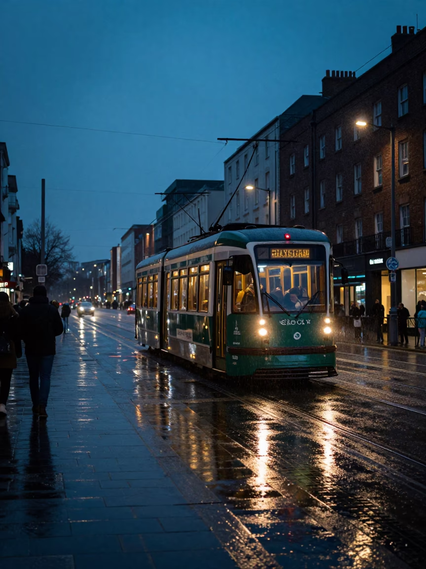Predawn Dublin Street Scene with Heritage Tram and Rain-Swept Promenade in in Dublin, Ireland
