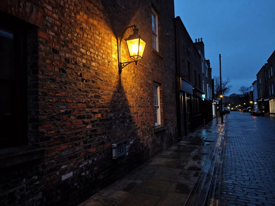 Predawn Dublin Street Scene with Lantern Light and Urban Details in in Dublin, Ireland