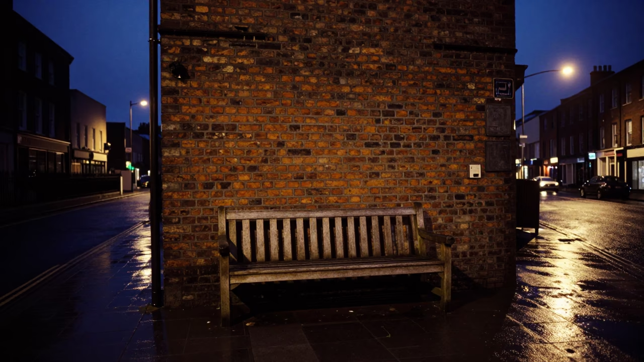 Predawn Dublin Street Scene with Park Bench and Wet Cobblestones in in Dublin, Ireland