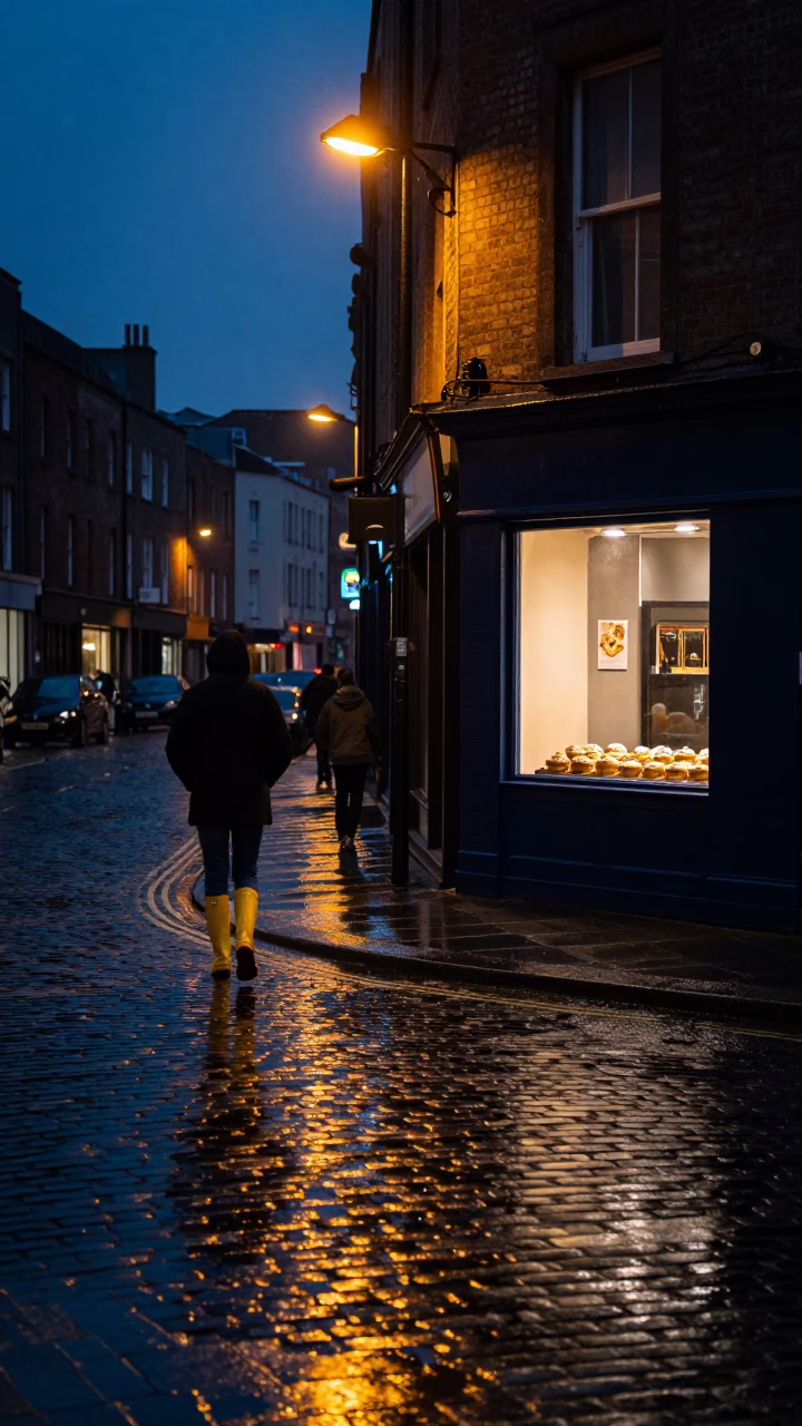 Predawn Dublin Street Scene with Rain Boots and Pastries Near Liffey Quays in in Dublin, Ireland