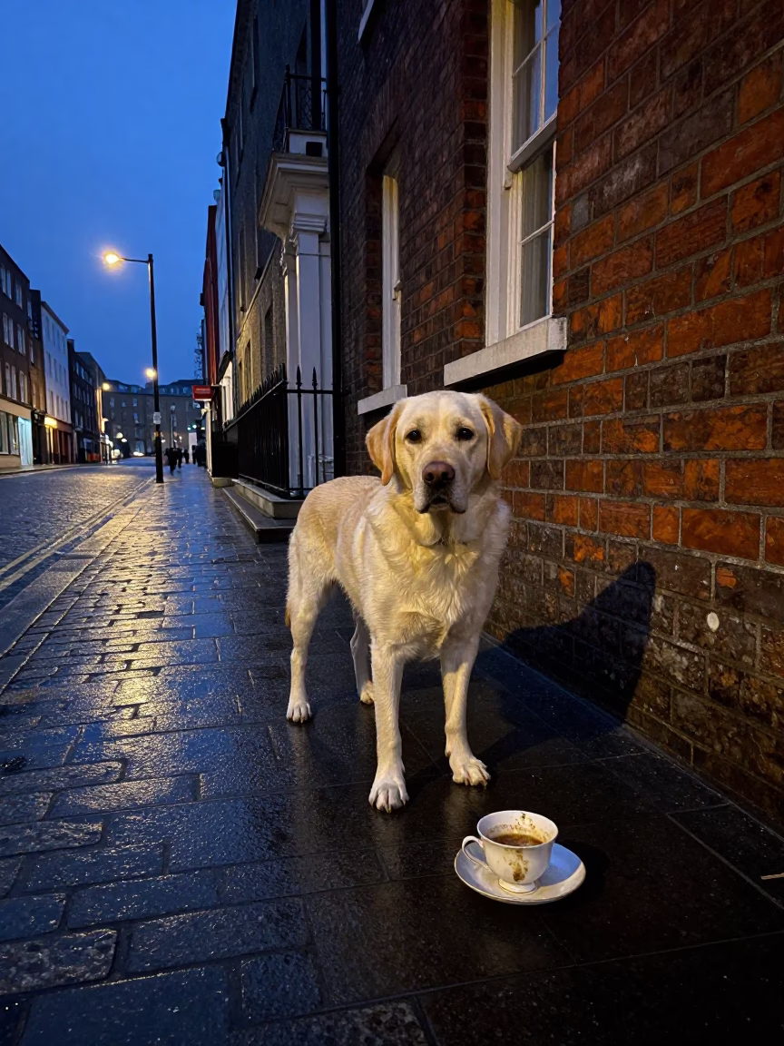Predawn Dublin Street Scene with Retriever and Teacup Near Traditional Georgian Architecture in in Dublin, Ireland