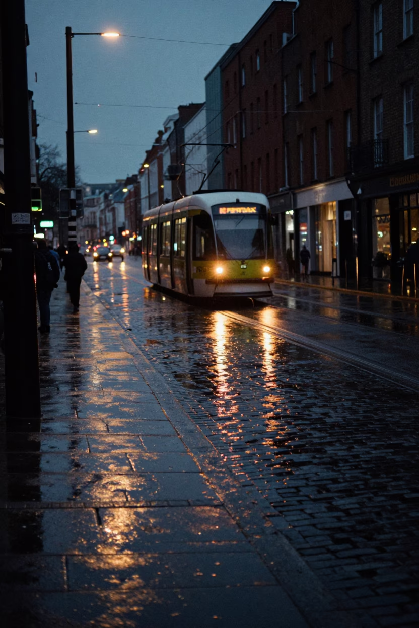 Predawn Dublin Street Scene with Tramcar Reflection on Wet Cobblestones in in Dublin, Ireland