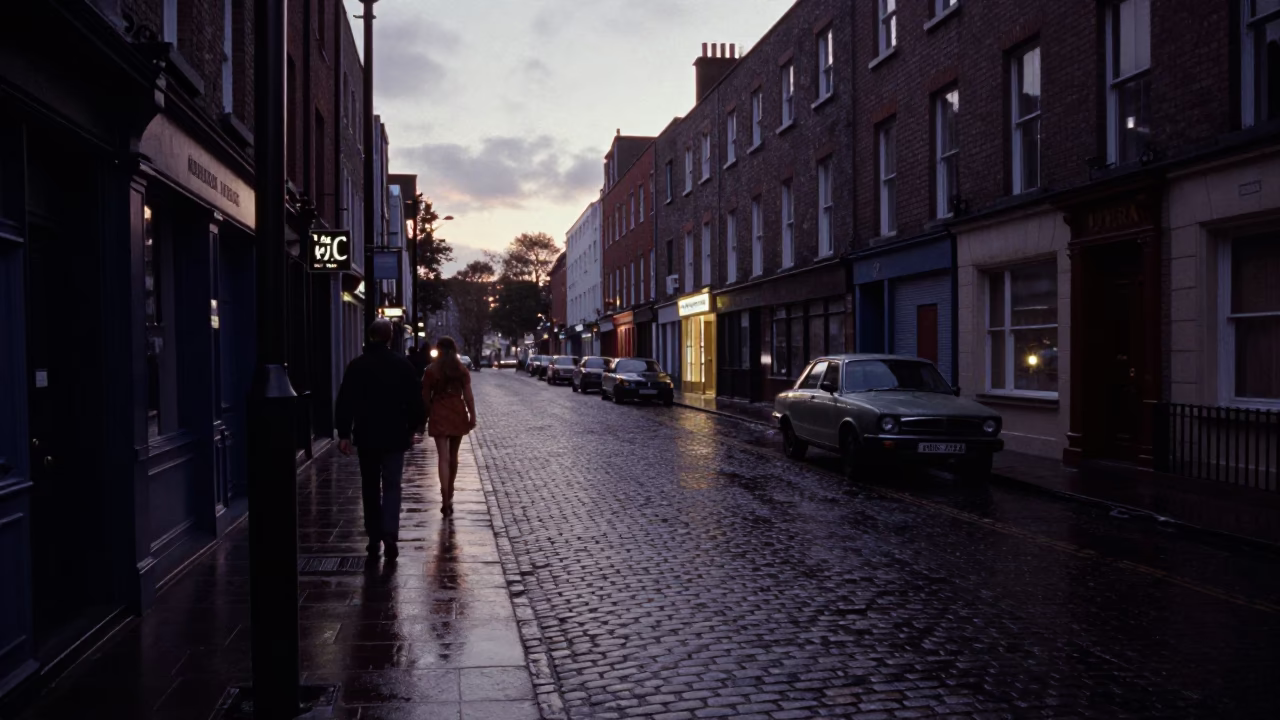 Predawn Dublin Street Scene with Vintage 1970s Atmosphere and Local Details in in Dublin, Ireland