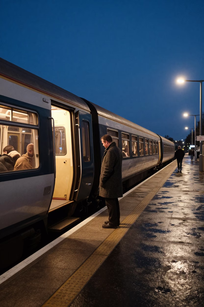 Predawn Dublin Street Scene with Vintage Commuter Train and Storage Tins in in Dublin, Ireland