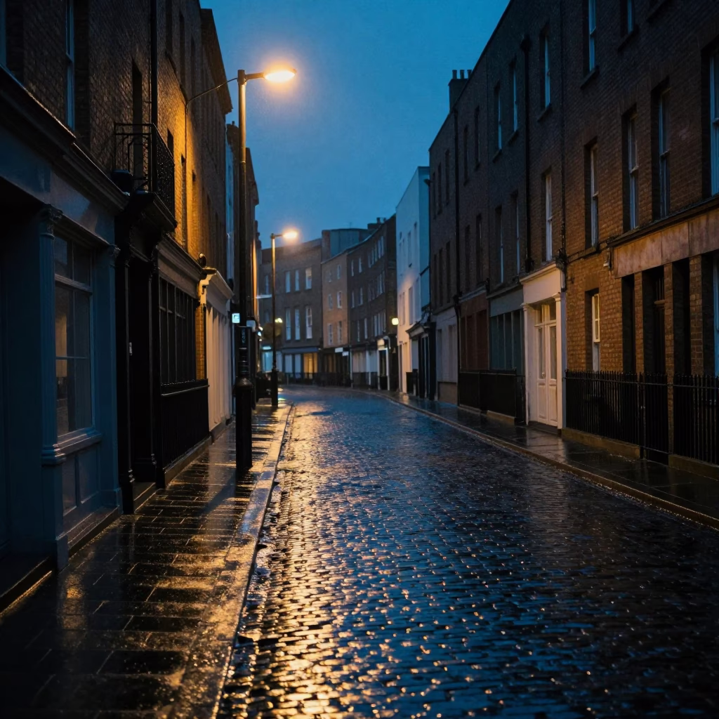 Predawn Dublin Street Scene with Wet Cobblestones and Urban Decay in in Dublin, Ireland