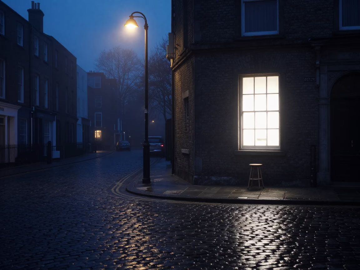 Predawn Dublin Street Scene with Window Light on Stool Leg and Garden Cloche in in Dublin, Ireland