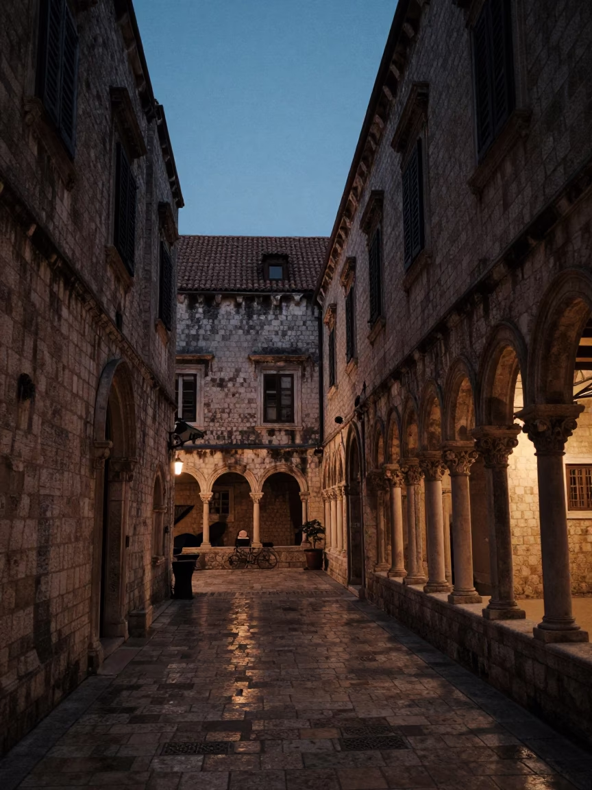 Predawn Dubrovnik Cloister Walkway Between Old Stone Buildings in in Dubrovnik, Croatia