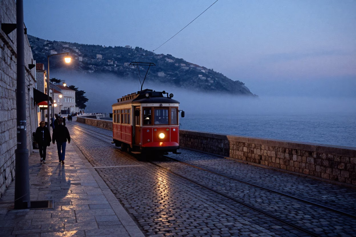 Predawn Dubrovnik Cobblestone Street with Vintage Tram and Sea Fog in in Dubrovnik, Croatia