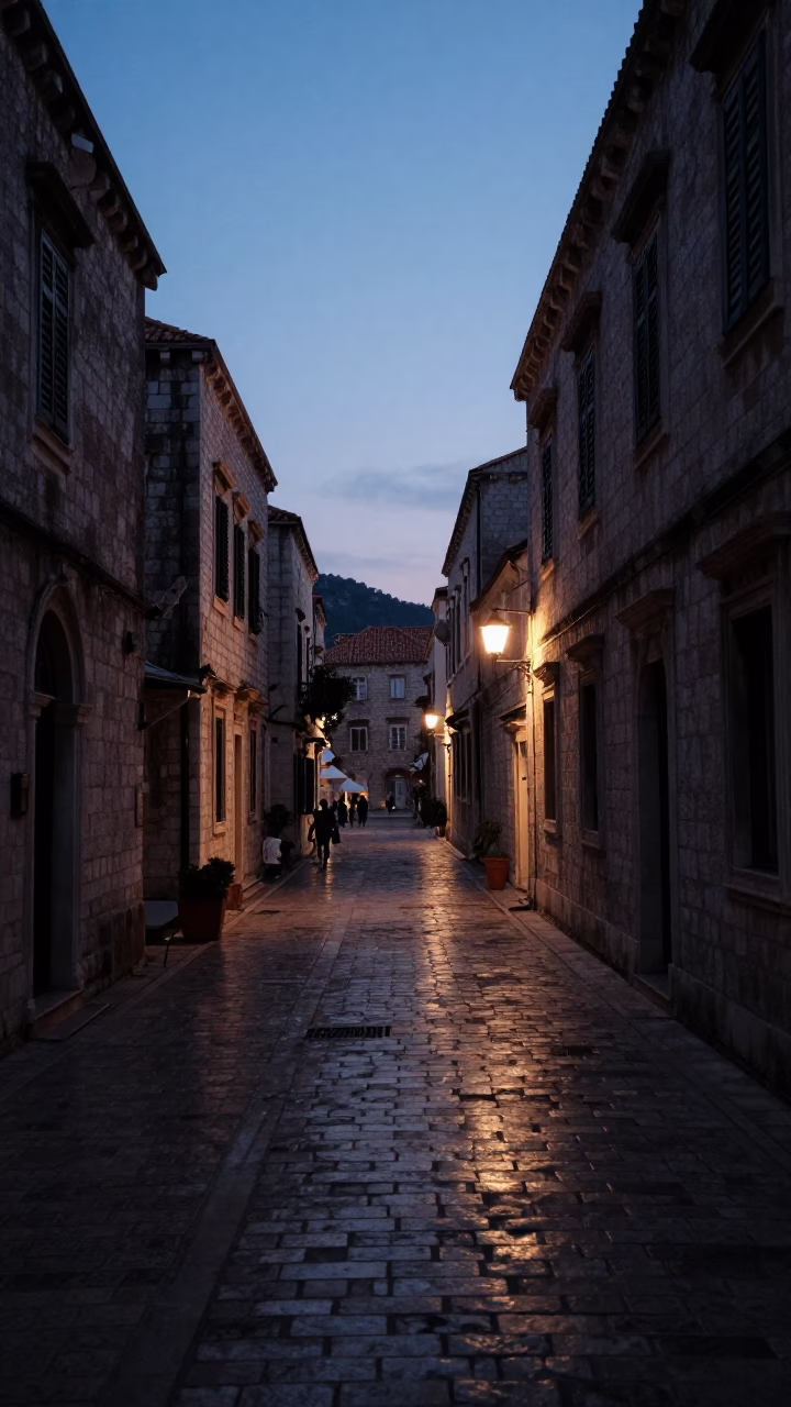 Predawn Dubrovnik Croatia Old Town Cobblestone Street with Dim Lighting and Local Architectural Details in in Dubrovnik, Croatia