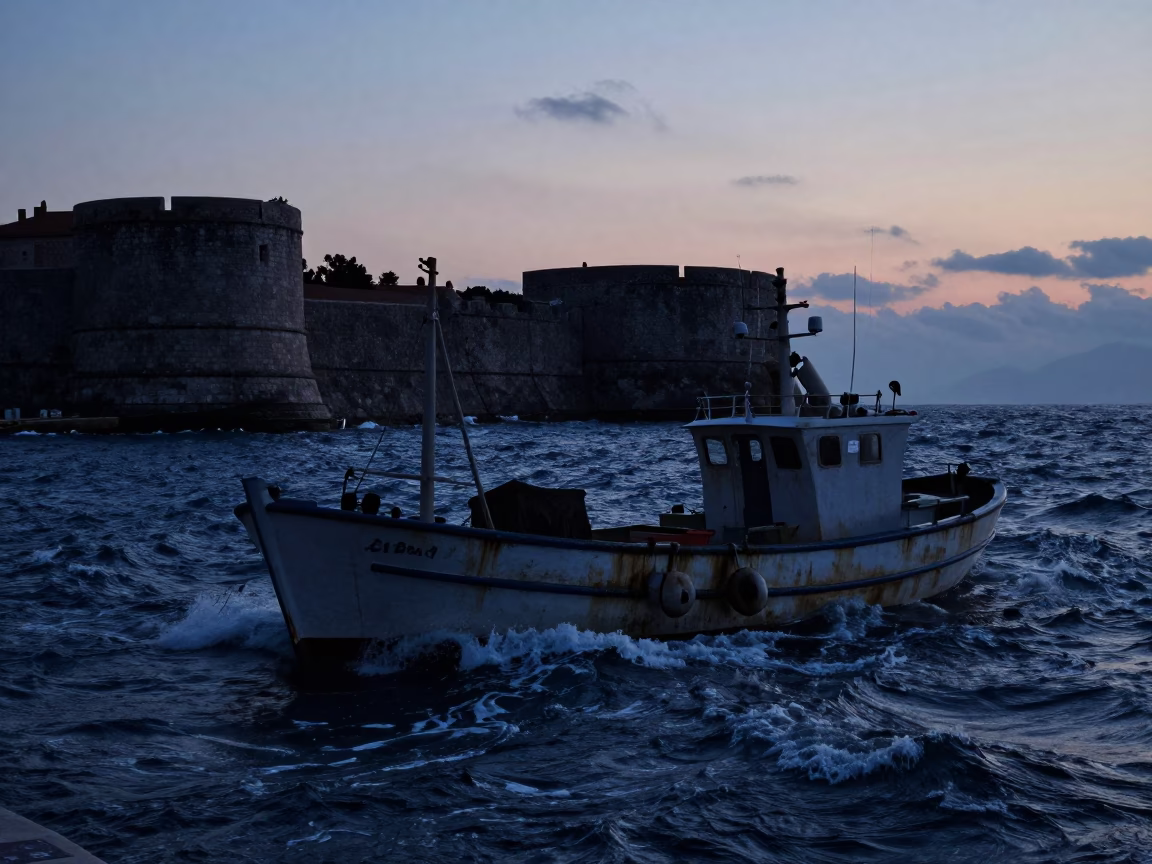 Predawn Dubrovnik Harbor Fishing Trawler in Heavy Seas Near Old Town Walls in in Dubrovnik, Croatia