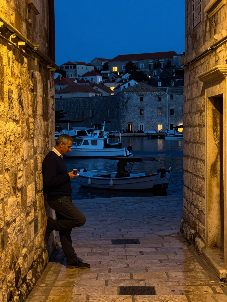 Predawn Dubrovnik Harbor Scene with Local Fisherman and Tea Stains on Fogged Window Glass in in Dubrovnik, Croatia