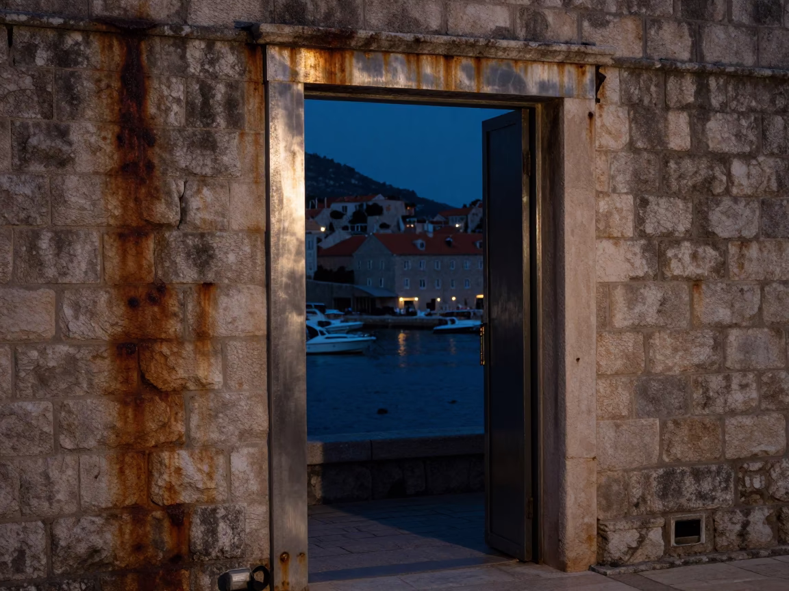 Predawn Dubrovnik Harbor Scene with Rusty Wall and Steel Doorframe in in Dubrovnik, Croatia