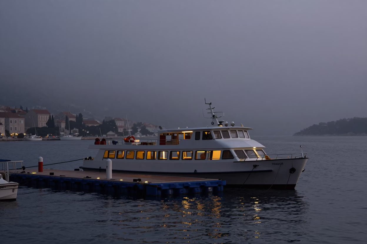 Predawn Dubrovnik Harbor Water Taxi Floating Dock Misty Adriatic Coastline in in Dubrovnik, Croatia
