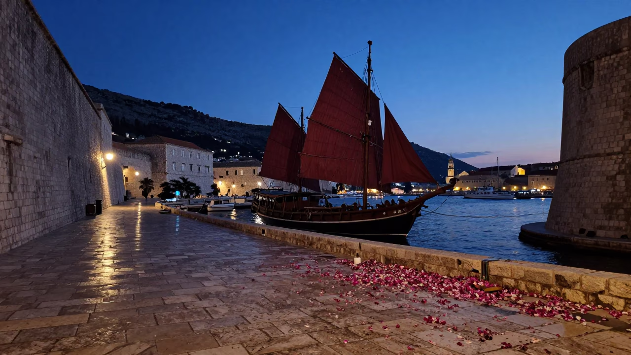 Predawn Dubrovnik Harbor with Junk Boat and Petal-Covered Path in in Dubrovnik, Croatia