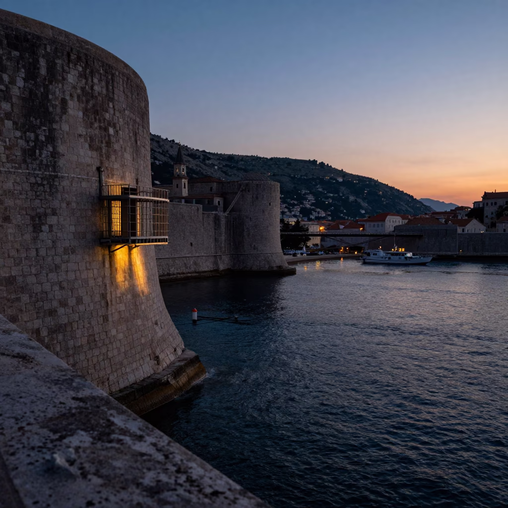 Predawn Dubrovnik Harbor with Maintenance Cage and Stone Architecture in in Dubrovnik, Croatia