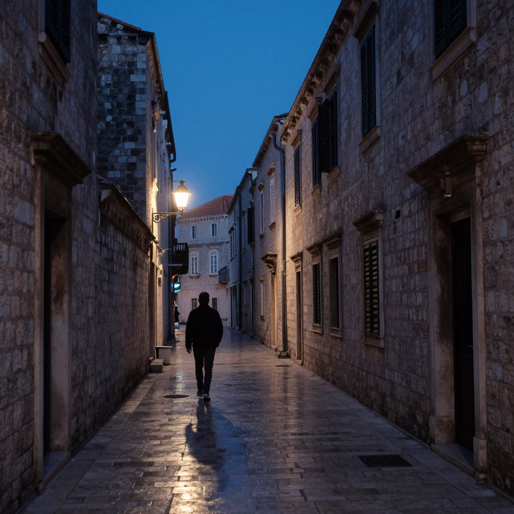 Predawn Dubrovnik Old Town alley with stone walls and dim street lighting in in Dubrovnik, Croatia