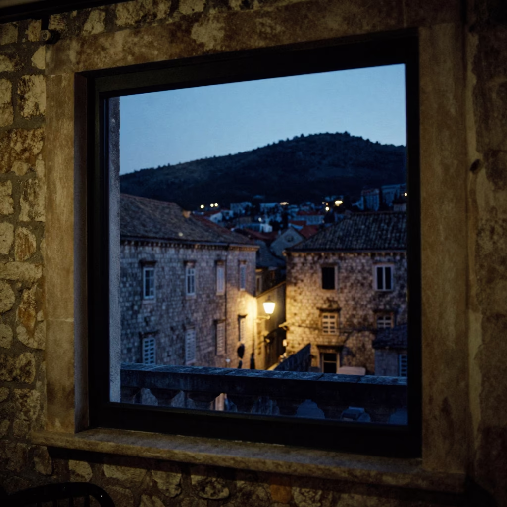 Predawn Dubrovnik Old Town Steam Haze Above Window Glass in Croatian Darkness in in Dubrovnik, Croatia