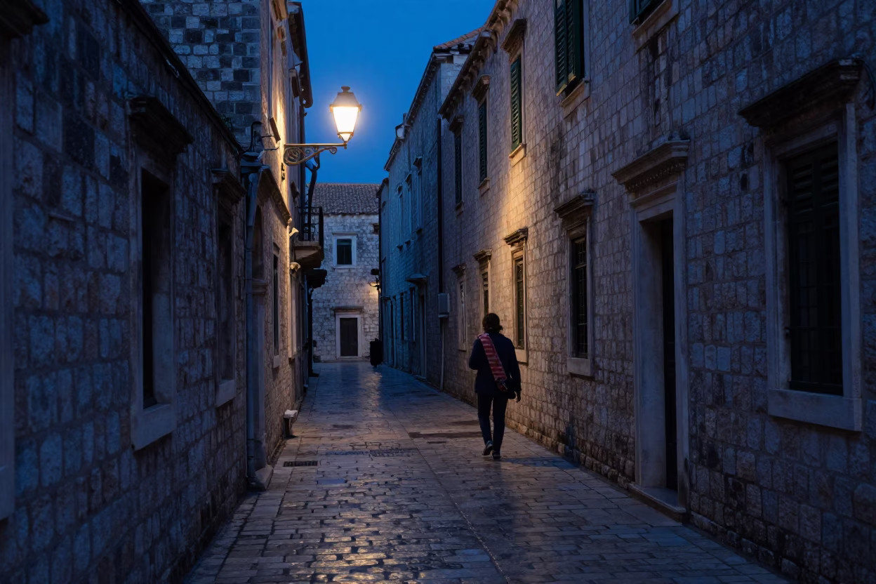 Predawn Dubrovnik Old Town Stone Alleyway with Scarf and File Box in in Dubrovnik, Croatia