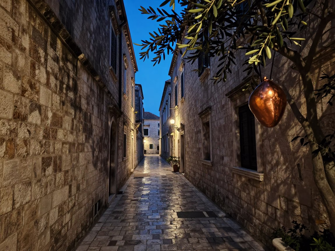 Predawn Dubrovnik Stone Alley with Olive Branch and Copper Pot Near University Cloister in in Dubrovnik, Croatia