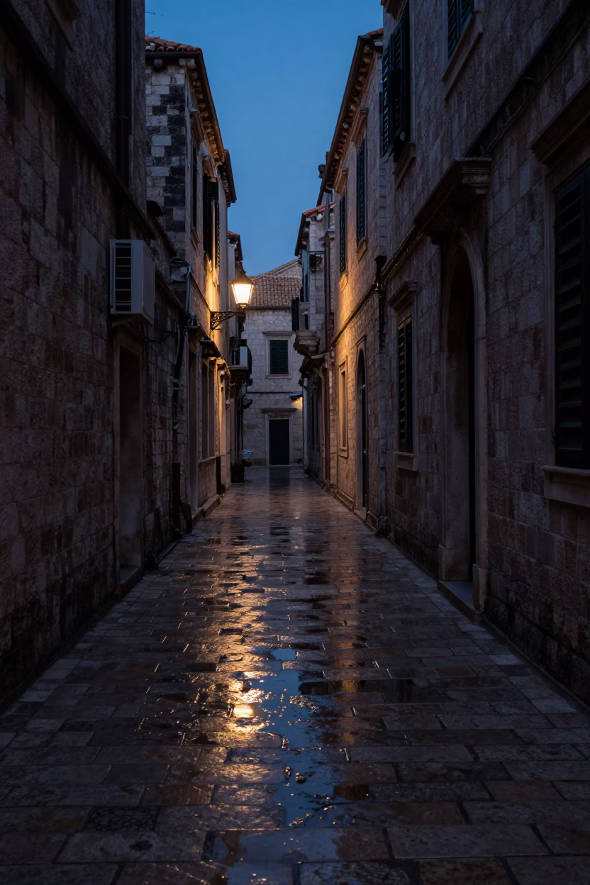 Predawn Dubrovnik Stone Alleyway with Oil Sheen and Subtle Leaf Shadows in in Dubrovnik, Croatia