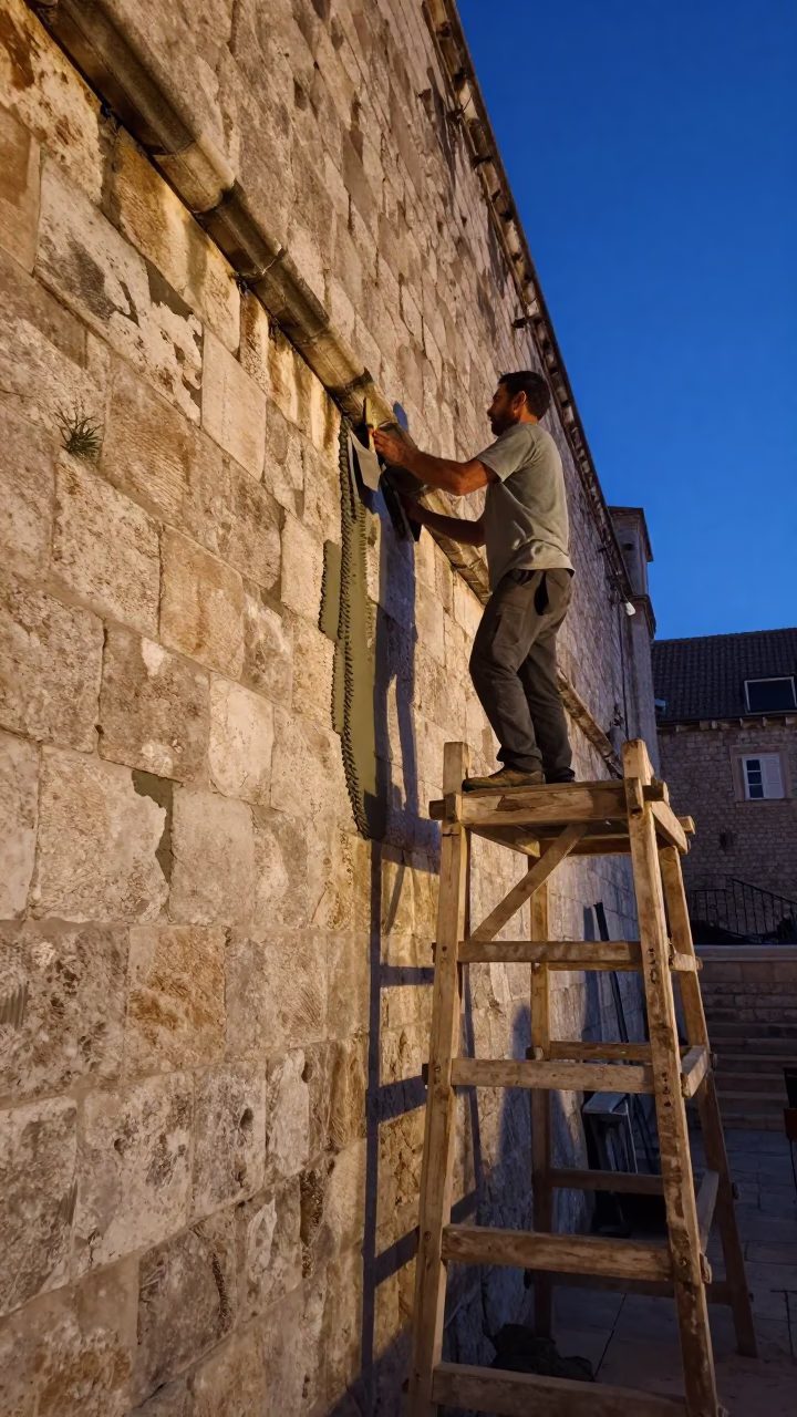 Predawn Dubrovnik Stone Mason Repairing Ancient City Walls with Trowel and Mortar in in Dubrovnik, Croatia