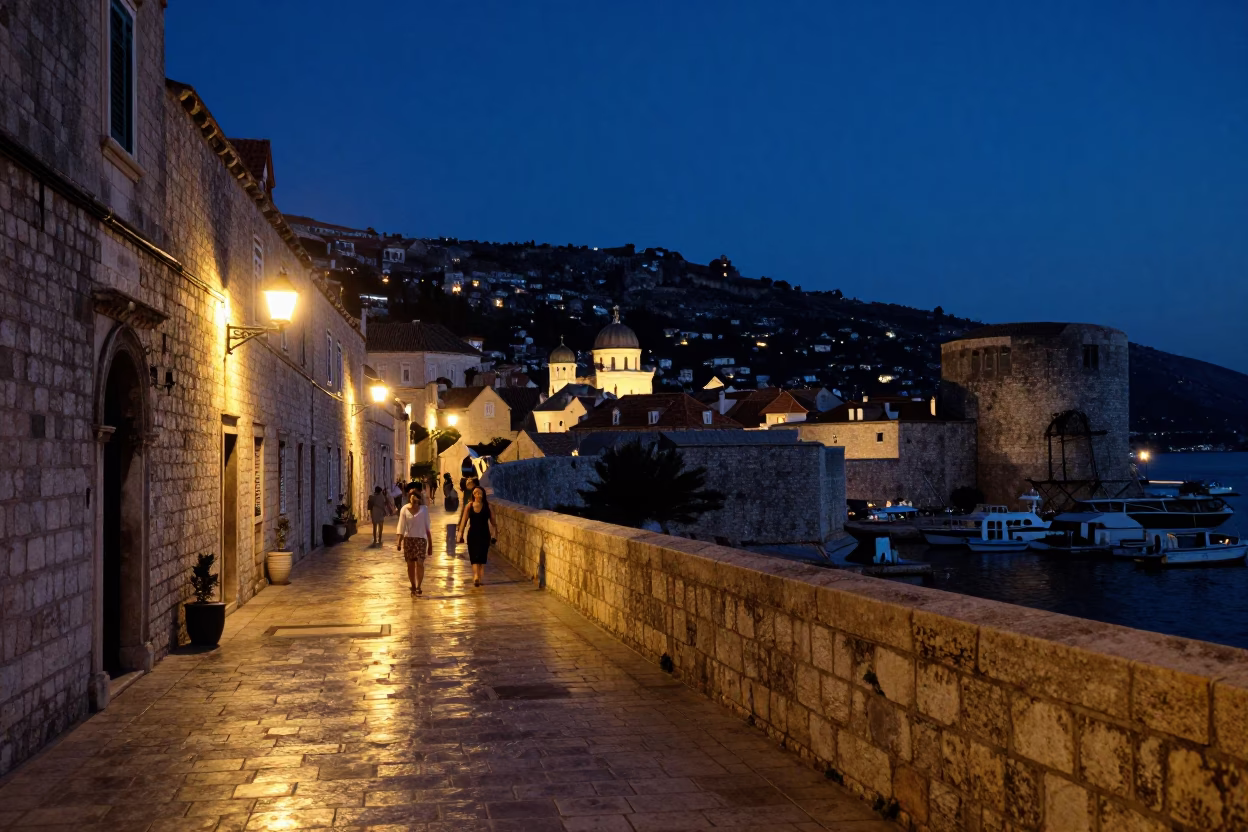 Predawn Dubrovnik Stone Streets and Harbor Lights in 1980s Film in in Dubrovnik, Croatia