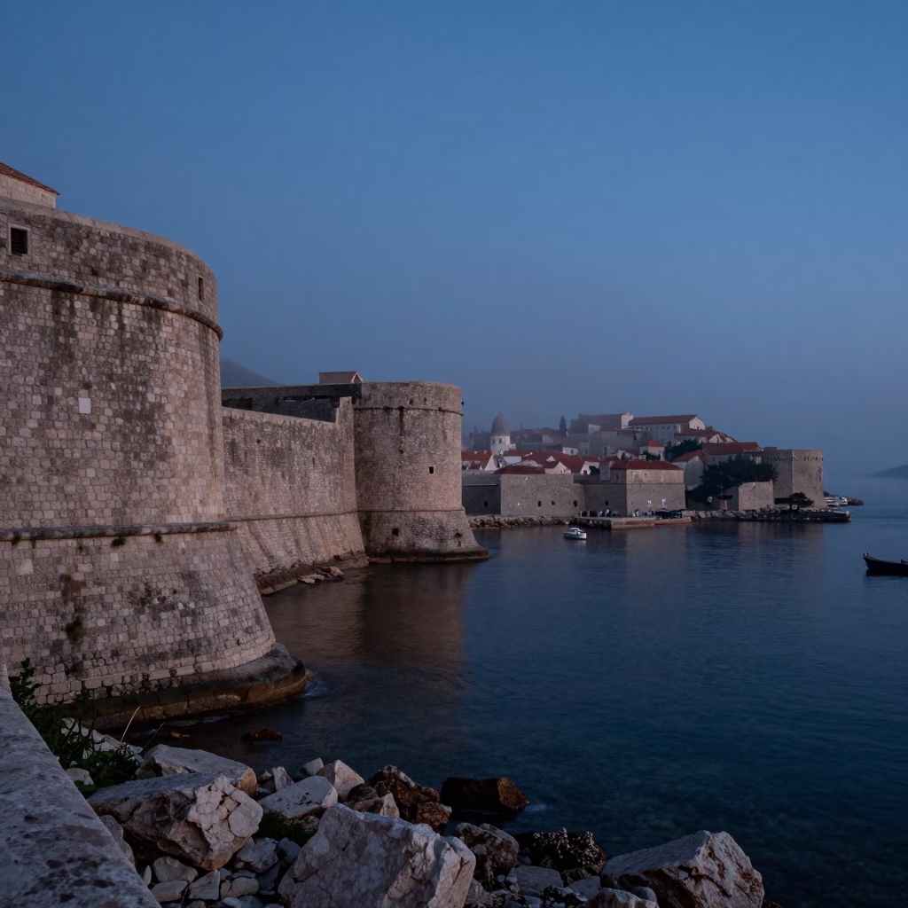 Predawn Dubrovnik Stone Walls and Harbor Mist with Local Fisherman in in Dubrovnik, Croatia