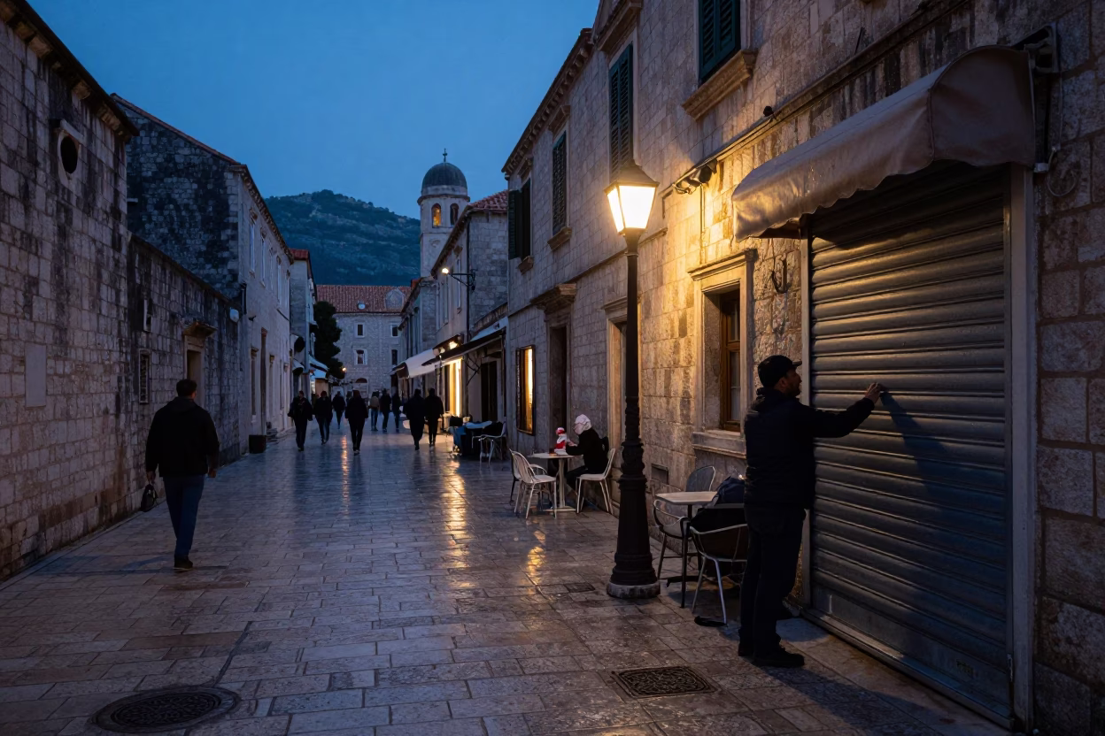 Predawn Dubrovnik Street Scene with Condensation and Local Life in in Dubrovnik, Croatia