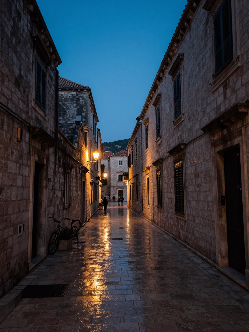Predawn Dubrovnik Street Scene with Dark Tile Grout and Border Terrier in in Dubrovnik, Croatia