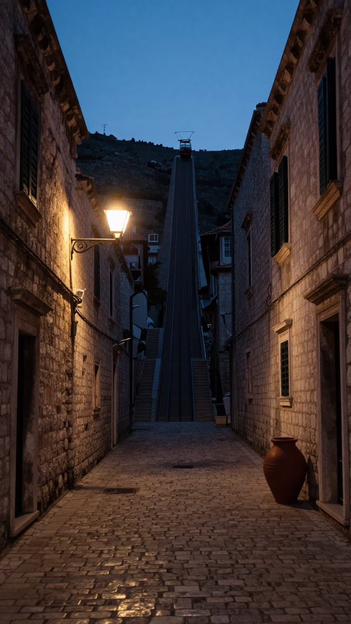 Predawn Dubrovnik Street Scene with Funicular and Clay Pot in in Dubrovnik, Croatia