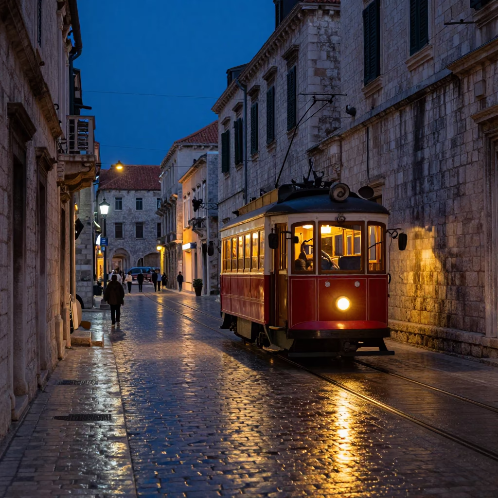Predawn Dubrovnik Street Scene with Heritage Tram and Local Morning Rituals in in Dubrovnik, Croatia