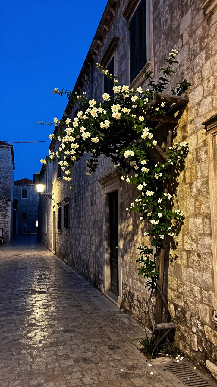 Predawn Dubrovnik Street Scene with Jasmine Trellis and Steel Frame in Croatian Old Town in in Dubrovnik, Croatia