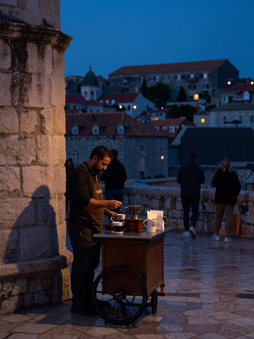 Predawn Dubrovnik Street Scene with Local Coffee Vendor and Espresso Cup in in Dubrovnik, Croatia