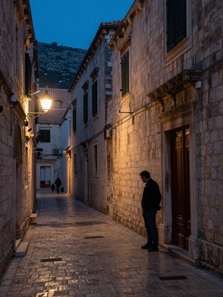 Predawn Dubrovnik street scene with local resident and heirloom key in in Dubrovnik, Croatia