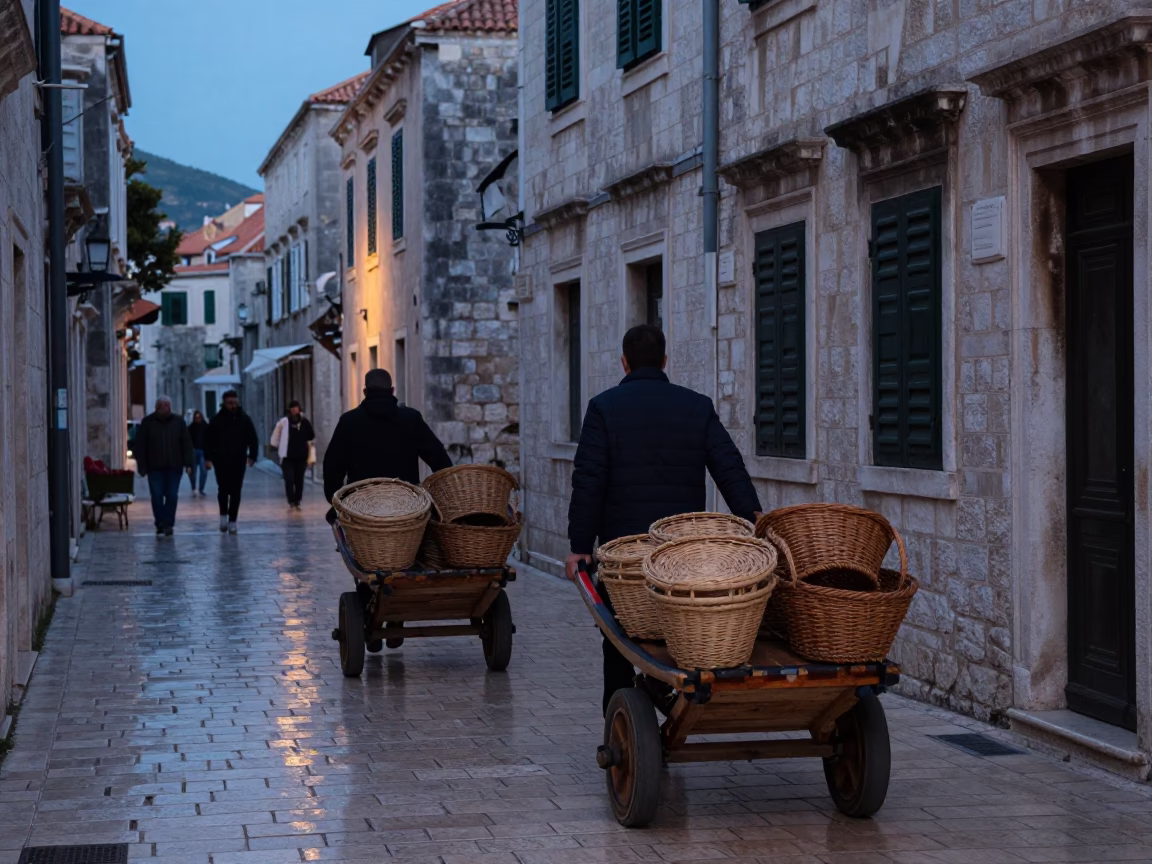 Predawn Dubrovnik Street Scene with Rolling Carts and Woven Baskets in 1960s Croatia in in Dubrovnik, Croatia