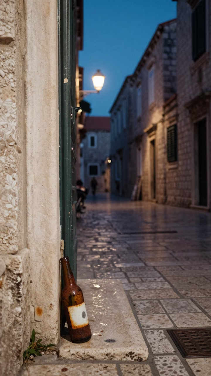Predawn Dubrovnik Street Scene with Rusty Bottle and Fingerprinted Tile Grout in in Dubrovnik, Croatia