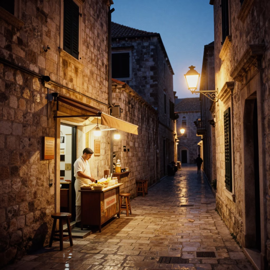 Predawn Dubrovnik street scene with sun-warmed stone walls and fresh baguettes in in Dubrovnik, Croatia