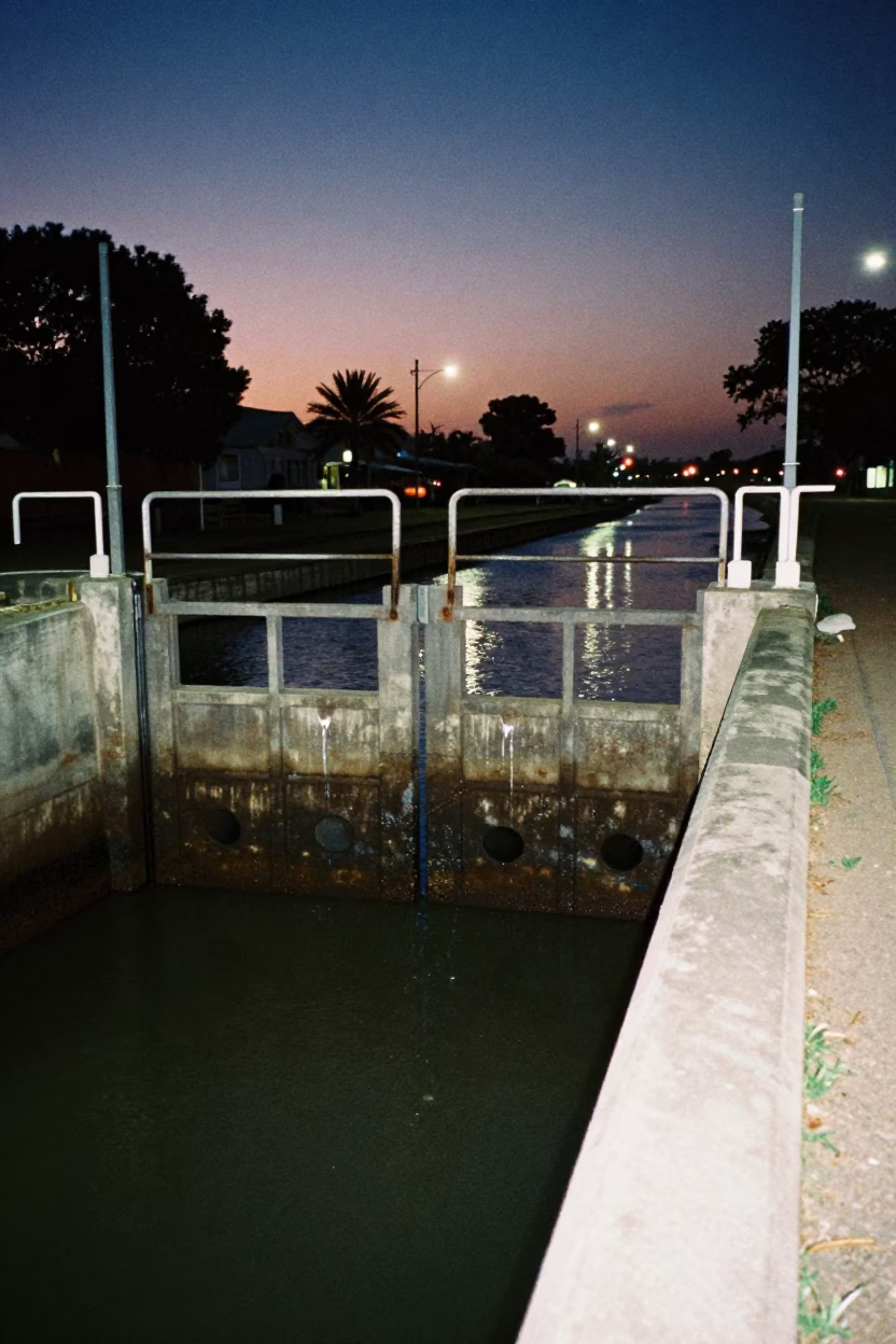 Predawn Durban Canal Edge with Dripping Sluice Gate and Muddy Water in in Durban, South Africa
